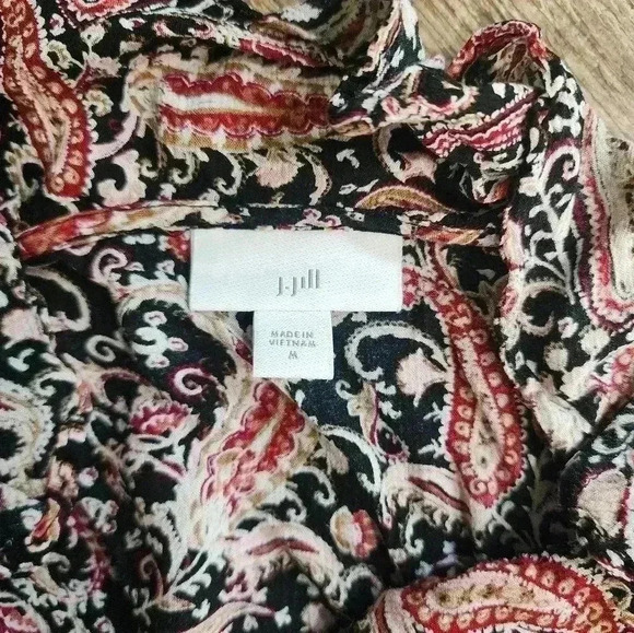 J.Jill Womens Top M Black Red Paisley Floral Boho Peasant Ruffles Long Sleeve - Picture 3 of 4